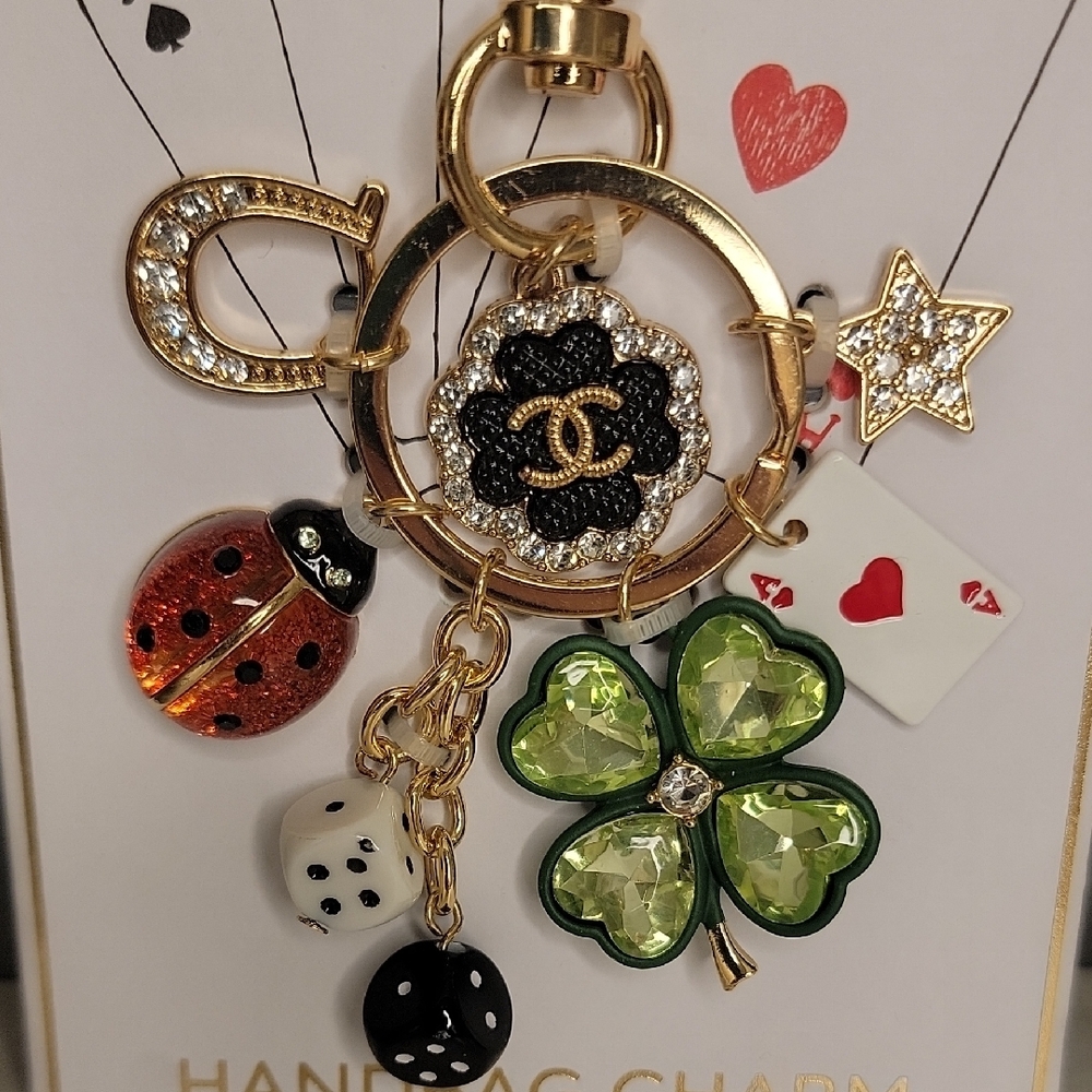Lucky Charms Bag Charm Clover Horseshoe Dice Ladybug Ace of Hearts Star Gold - Picture 3 of 6
